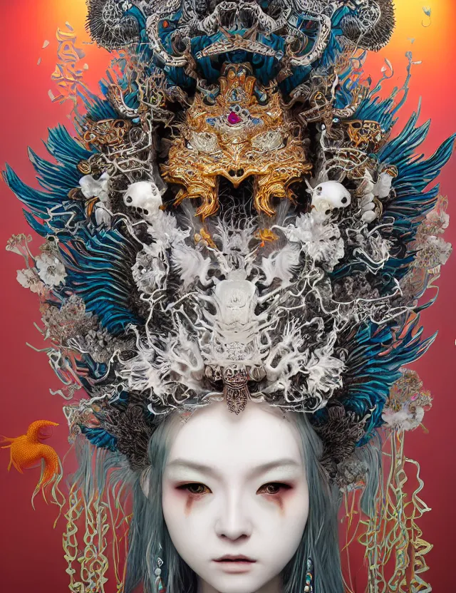 Image similar to goddess macro close - up portrait wigh crown made of ram skull. beautiful intricately detailed japanese crow kitsune mask and clasical japanese kimono. betta fish, jellyfish phoenix, bioluminiscent, plasma, ice, water, wind, creature, super intricate ornaments artwork by tooth wu and wlop and beeple and greg rutkowski