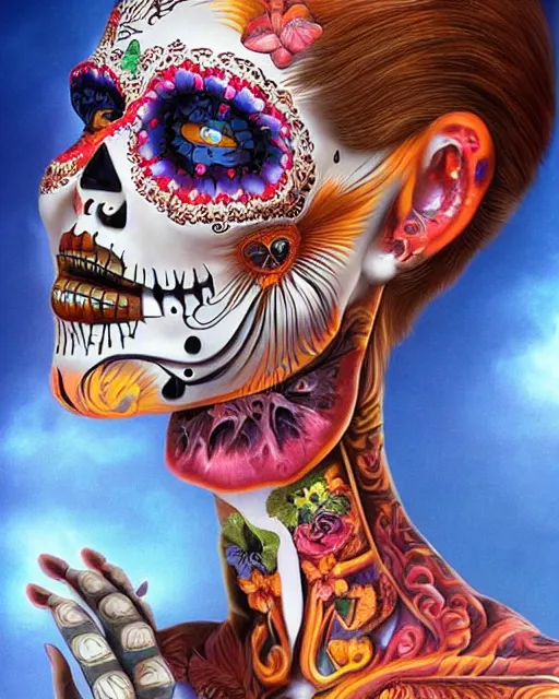 Image similar to dia de los muertos theme surrealist art in the styles of igor morski, jim warren, and a tim burton film, intricate, hyperrealistic, accurate facial details, profile picture with chromakey!!!!! background, volumetric lighting