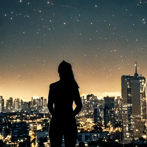 Prompt: A woman stands on the top of a tall building, looking out over the cityscape, the lights twinkling in the darkness, as she wonders what her life will be like from now on, in a post-apocalyptic world