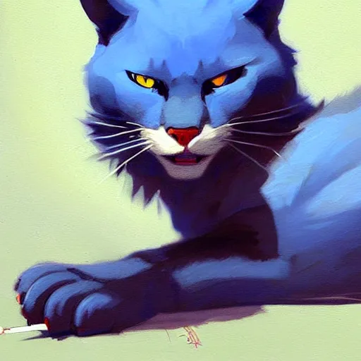 Image similar to blue cat with red sable in the mouth. painting by greg rutkowski