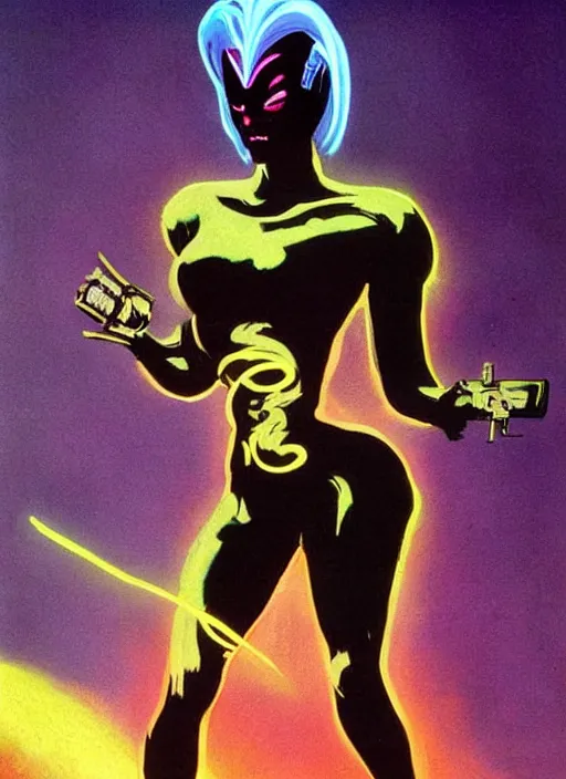 Image similar to female evil android, neon hair, glowing skin, strong line, saturated color, beautiful! coherent! by frank frazetta, high contrast, minimalism