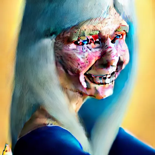 Image similar to beautiful hyperreal portrait of a cute woman smiling softly, long white hair and bangs, a few cute freckles on cheeks and nose, blue eyes, very detailed face, by irakli nadar and juan francisco casas, golden hour, soft focus, 8 k, portra 4 0 0