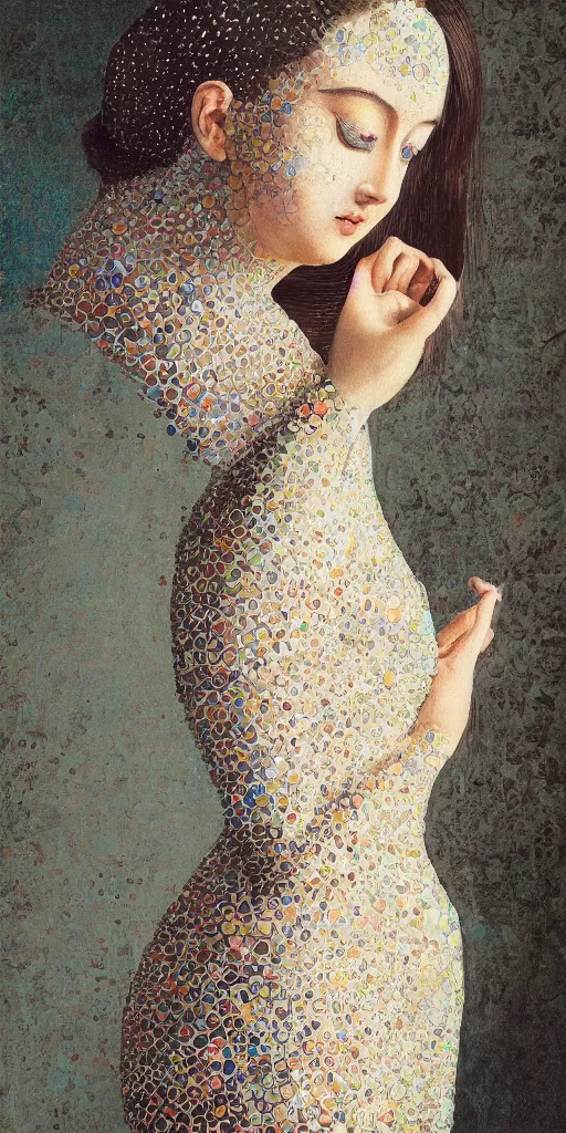 Image similar to “a painting of a female figure adorned with a dress created by calligraphic flourishes, ambient occlusion, ultra detailed, soft facial features, geometric array of shapes fading into the background, shallow depth of field, bokeh, subtle shadows, monochromatic color scheme, pops of color, pastel tones, hd”