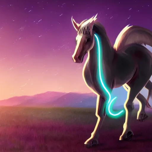 Image similar to cybernetic neo - equine mind transfer : horse - like creatures running impossibly fast through the night, reveling in their machine - aided grace and supremacy over any natural creature, furaffinity