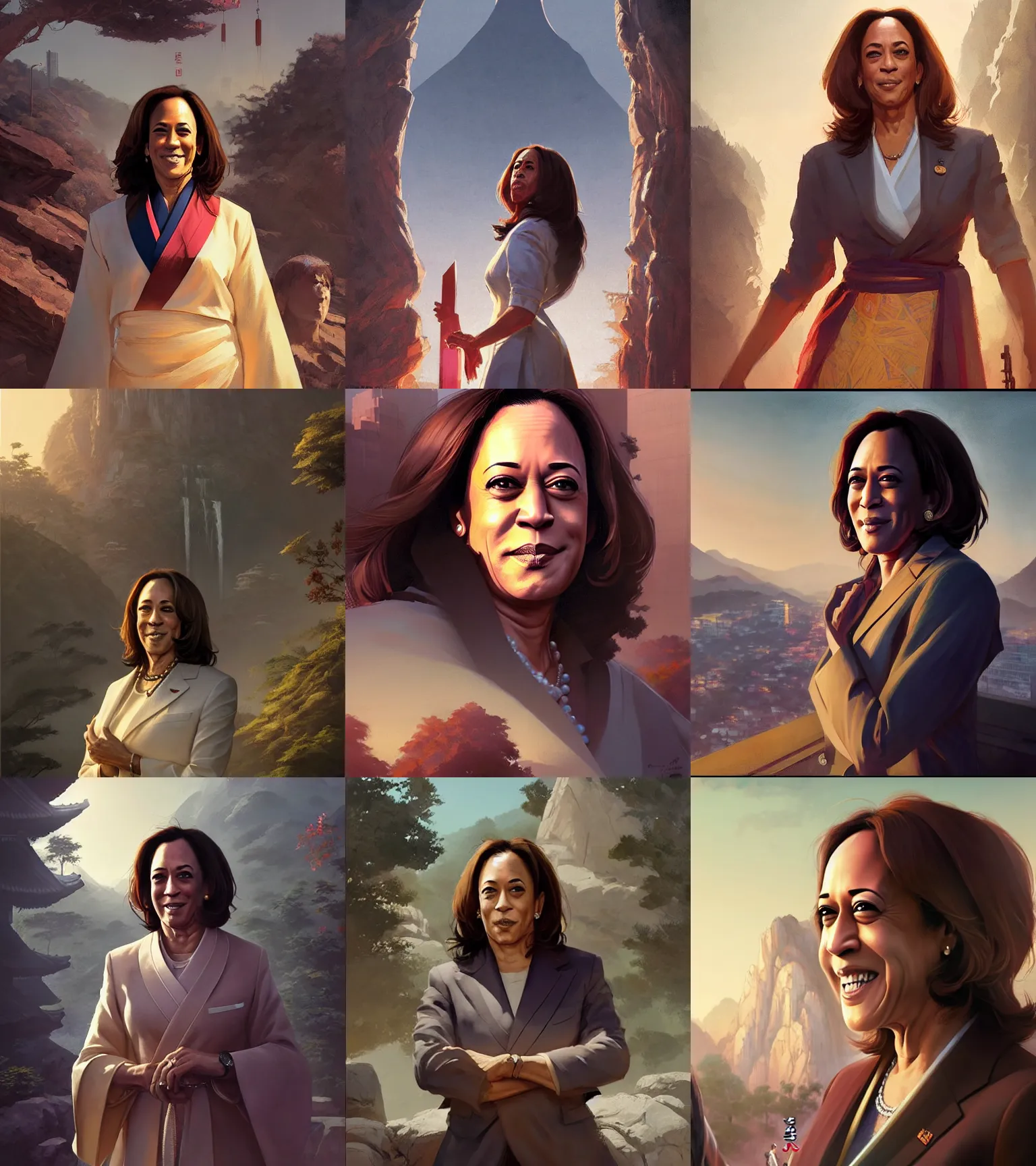 Prompt: a portrait of kamala harris in a scenic korean city environment by marco bucci and greg rutkowski and frank frazetta, sharp focus, detailed, cinematic, hanbok