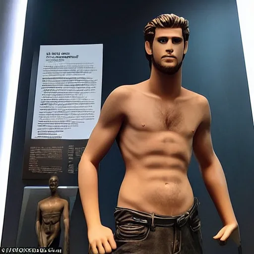 Image similar to “ a realistic detailed photo of a guy who is an attractive humanoid who is half robot and half humanoid, who is a male android, actor liam hemsworth, shiny skin, posing like a statue, blank stare, at the museum, on display ”