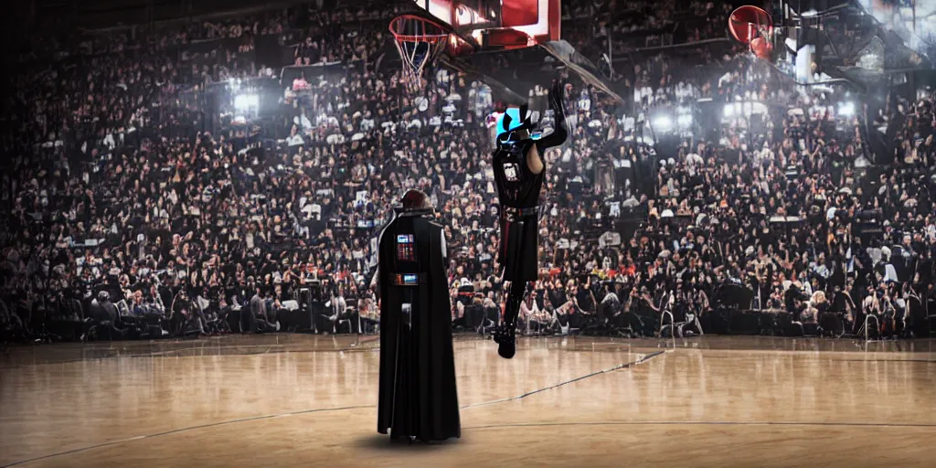 Image similar to Darth Vader in a basketball jersey at a basketball court, 4K photograph