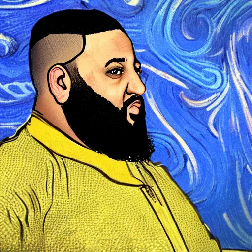 Image similar to ultra realistic portrait of dj khaled in a studio, ultra detailed, under blue, red and yellow cinematic lighting, by van gogh, cartoon