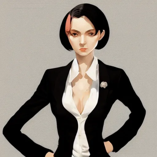 Image similar to slim girl in tuxedo with short black hair, elegant, 2d, ultra highly detailed, digital painting, smooth, sharp focus, artstation, art by Ilya Kuvshinov