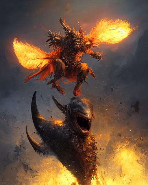 Image similar to oil painting of Angry Anthropomorphized Dolphin Berserker, wearing fur armor, claws, sharp focus, attack pose, fantasy style, octane render, volumetric lighting, 8k high definition, by greg rutkowski, highly detailed, trending on art Station, magic the gathering artwork, burning Battlefield background, centered