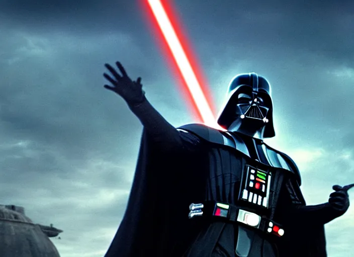 Image similar to film still of Darth Vader jumping up in joy over his great success in the new Star Wars movie, 4k