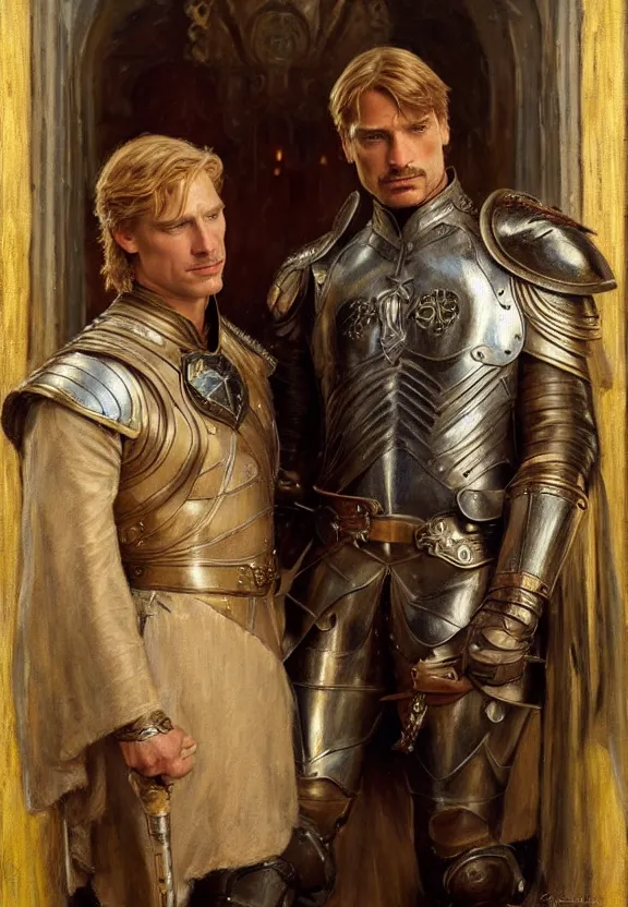 Image similar to attractive jaime lannister confesses his love for attractive armored brienne of tarth. highly detailed painting by gaston bussiere and j. c. leyendecker 8 k