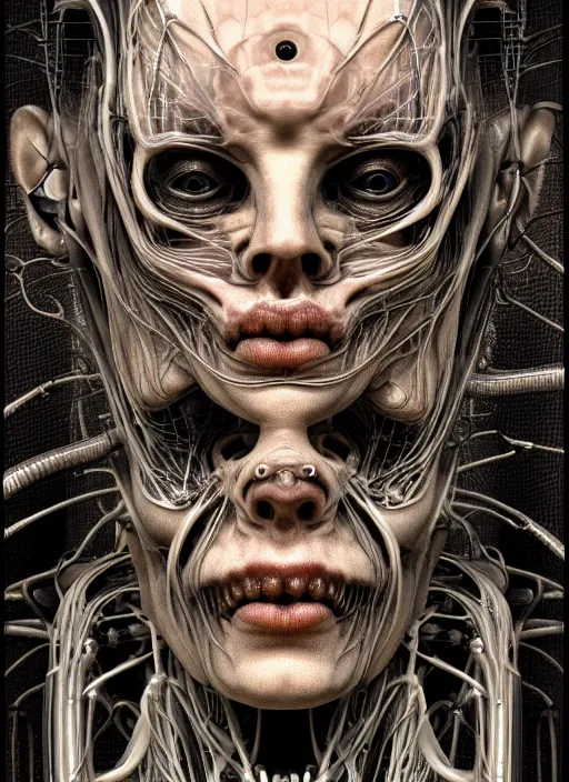 Prompt: portrait of neural nightmares by yoshitaka amano and HR Giger, detailed face face face face, facial structure, hd, 8k, very very very very electronic, biomechanical, biology, bio, neural machine, single subject