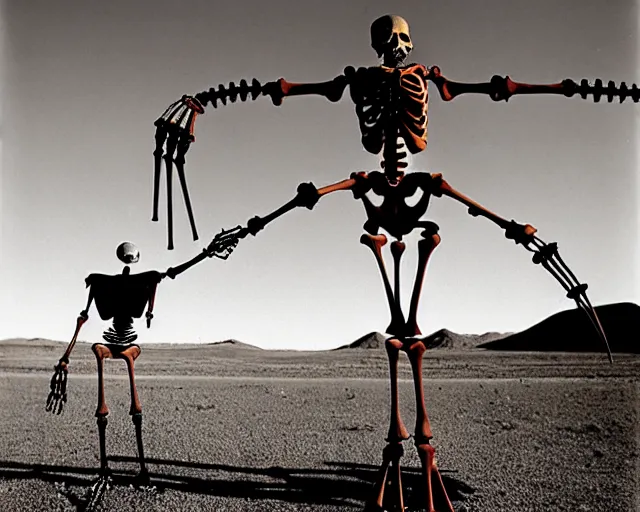 Image similar to by bruce davidson, by andrew boog faithfull redscale photography evocative. a beautiful kinetic sculpture of a skeleton creature, with a long black cape and a revolver standing in front of a desert mesa.