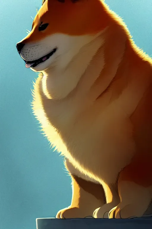 Prompt: portrait of fat shiba inu, fursona, anthro, male, bushy yellow eyebrows, detailed golden tan fur, anime key visual, concept art, digital painting, makoto shinkai