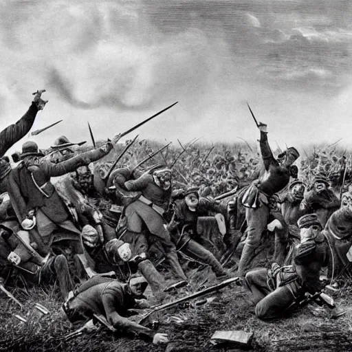 Image similar to minions fighting for the union in the civil war, photograph, battle of gettysburg, 1 8 6 3, high quality, high resolution