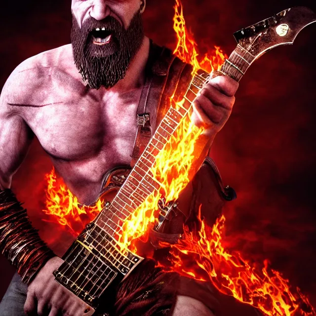 Image similar to kratos rocking out on a flaming stratocaster guitar, cinematic render, god of war 2 0 1 8, playstation studios official media