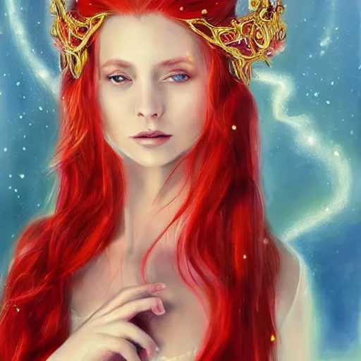 Image similar to Fantastic, fairytale, portrait, painting, beautiful!, female mage, long flowing red hair, light emitting from fingertips, ornate gown, smoldering, serious, royalty kingdom, royal court, hyperreal, photoreal