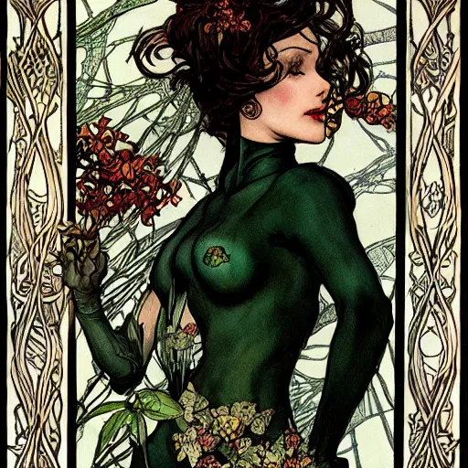 Image similar to a beautiful and detailed tarot card of a seductive poison ivy dressed as a lawyer in the big city, dark eyeliner, intricate, elegant, highly detailed, digital painting, artstation, concept art, matte, sharp focus, illustration, art by rebecca guay and by arthur rackham and by alphonse mucha and by john william waterhouse