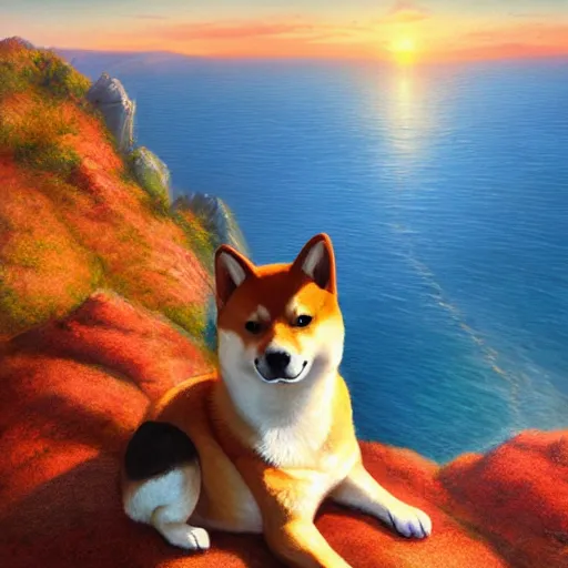 Prompt: A shiba inu sitting on a cliff and watching the lovely, beautiful mountains, sea, sunset, digital art, WLOP, Mandy Jurgens, vibrant