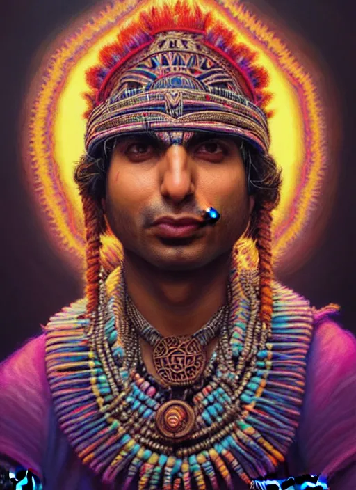 Image similar to portrait of kunal nayyar, hyper detailed ultra sharp aztec shaman warrior. trending on artstation, warpaint aesthetic, bloodwave, colorful, psychedelic, ornate, intricate, digital painting, concept art, smooth, sharp focus, illustration, art by artgerm and greg rutkowski and h. r. giger, 8 k