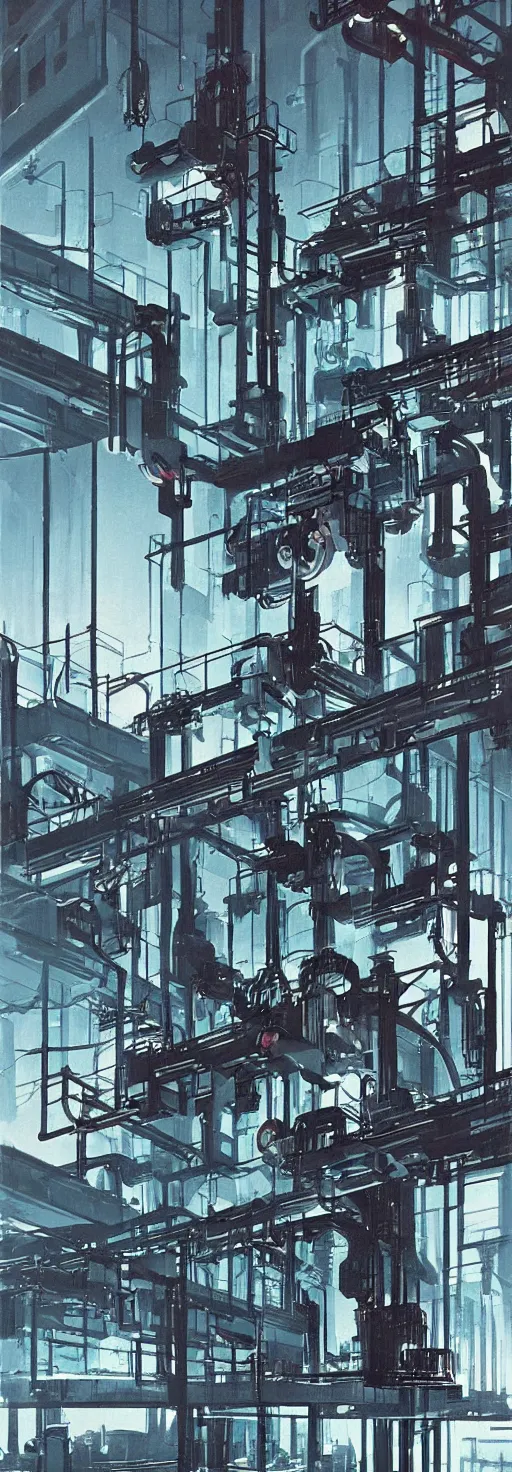 Prompt: dystopian factory building robots with suspended rails and hanging mechanical parts, concept art by syd mead, gloomy, neon lights