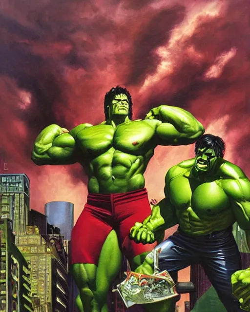 Image similar to a moody oil painting of the incredible hulk looking angry at noon in a city by joe jusko.