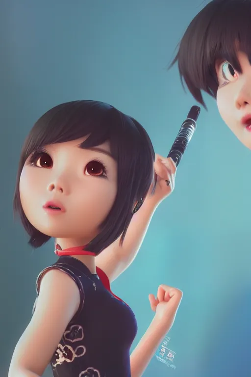 Image similar to a cute Asian girl singing, short stylish hair in the style of DreamWorks animation, mid-shot, low angle view, 16mm lens, award winning, hyper detailed, studio lighting, artstation, octane renderer, unreal engine