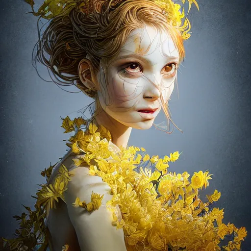 Image similar to the portrait of an absurdly beautiful, graceful, elegant, sophisticated, young girl made up of lemons, an ultrafine hyperdetailed illustration by kim jung gi, irakli nadar, intricate linework, bright colors, octopath traveler, final fantasy, unreal engine 5 highly rendered, global illumination, radiant light, detailed and intricate environment