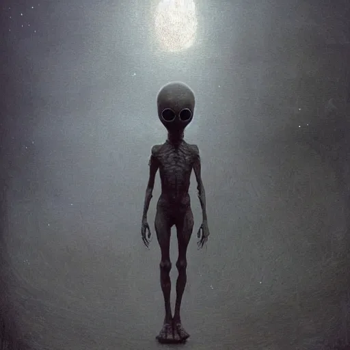 Image similar to cute girl alien meets human boy from Earth by Beksinski