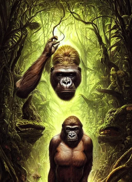 Image similar to deep jungle gorilla glowing reptile eyes, shamanic poster lsd art, intricate, elegant, highly detailed, centered, digital painting, artstation, concept art, smooth, sharp focus, illustration, artgerm, tomasz alen kopera, peter mohrbacher, donato giancola, joseph christian leyendecker, wlop, frank frazetta