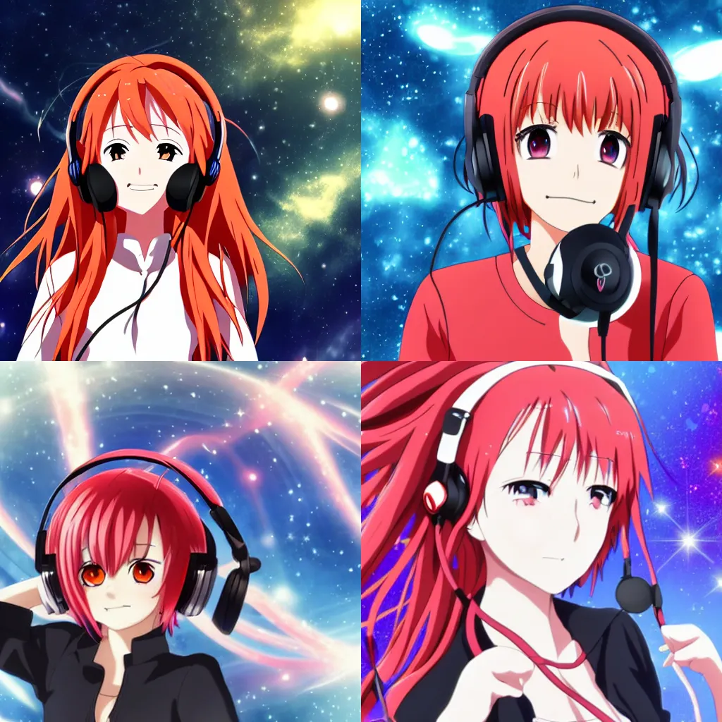 Prompt: Anime key visual of a girl with red hair and red eyes wearing headphones with galaxy background, official media