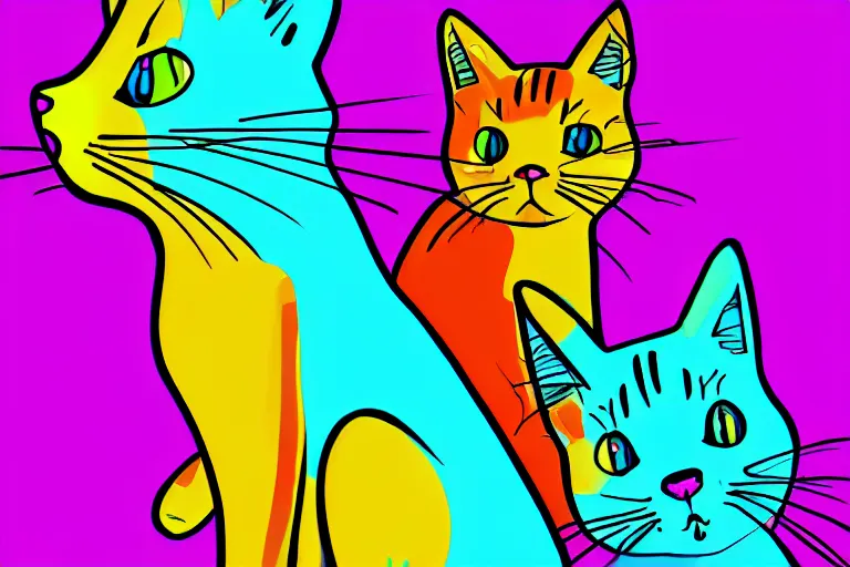 Prompt: bright, colurful, cartoon cats, facing directly, hypersaturated, various colors, ultra detailed, 8 k
