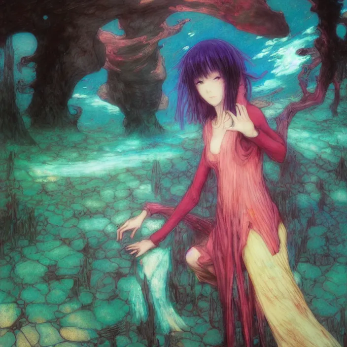 Image similar to mamimi samejima, psychedelic background, female anime character, Lain, uwu, uwu, Luminism Romanticism by John William Waterhouse Beksinski Finnian MacManus Ruan Jia, uwu Hi-Fructose, Artstation, HD, HDR, High Resolution, 1024x1024, technological rings, giygas, demon souls, bloodborne boss