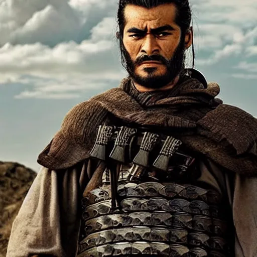 Image similar to handsome and strong! kurdish! samurai in a movie directed by christopher nolan, movie still frame, promotional image, imax 7 0 mm footage, perfect symmetrical facial features