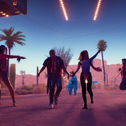 Image similar to Dancing hippies in the desert. Cyberpunk 2077. CP2077. 3840 x 2160