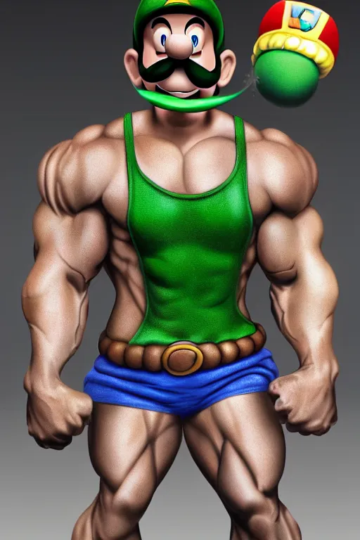 Prompt: muscular luigi from super mario, luigi bodybuilder, photorealistic, highly detailed,