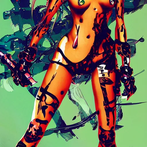 Image similar to 🍌 🤯 🍒 beautiful monster girl, yoji shinkawa