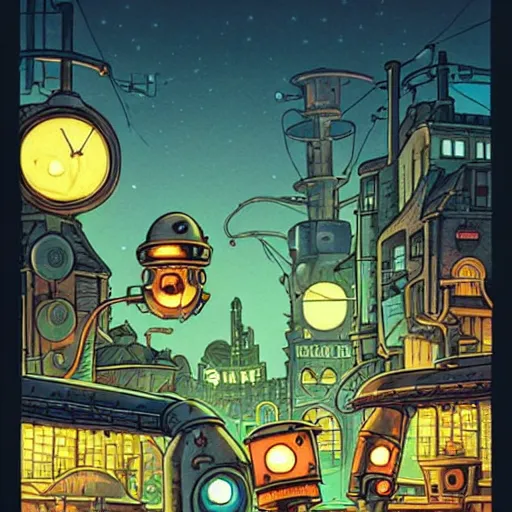 Prompt: fantasycore street view of 1950s machinarium cityscape at night by michael whelan and naomi okubo and dan mumford. cute 1950s robots. cel-shaded. glossy painting.