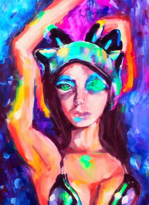 Prompt: girl with cat ears at a rave, realistic bikini, expressive oil painting, abstract art, trending on artstation, psychedelic, portrait