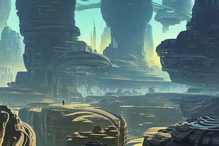 Image similar to a matte painting of a solarpunk city floating above a canyon by syd mead and peter mohrbacher and james gilleard in the style of hugh ferriss