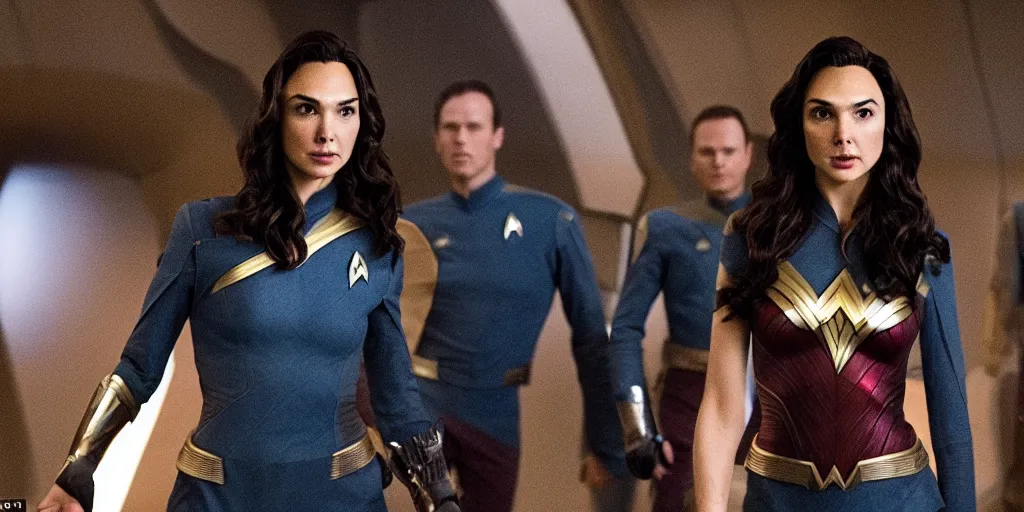 Image similar to Gal Gadot, in full starfleet uniform, is the captain of the starship Enterprise in the new Star Trek movie