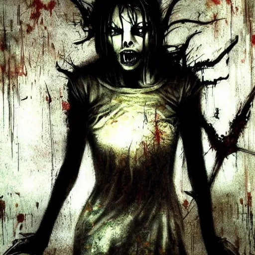 Prompt: A terrifyingly beautiful demonic nurse inside a psychiatric ward, silent hill atmosphere, Christopher Shy, Ben Templesmith and Dave Rapoza style, rusty, rotten 768