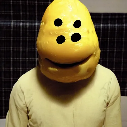 Image similar to anthropomorphic cheese wedge, man with cheese for a head, cheese wedge man. man is similar to a golem of cheese. This man is made COMPLETELY of cheese! Photograph of Cheese. Supercheese man!