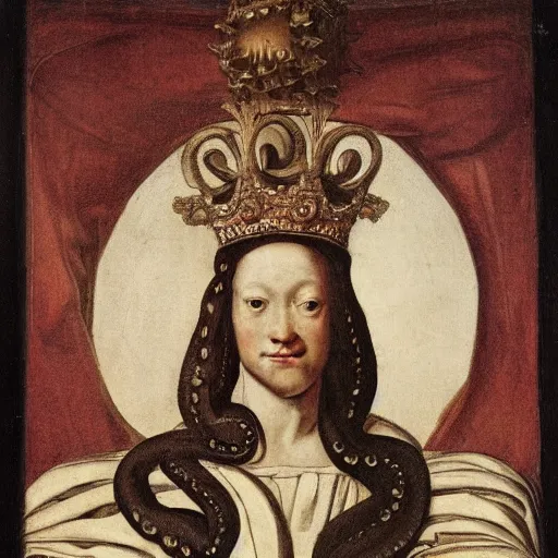 Image similar to a renaissance style portrait of an octopus wearing a crown and a cape, dark background