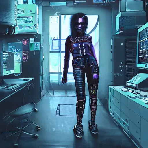 Prompt: a digital illustration of a cyberpunk fashion girl wearing street urban futuristic cyberpunk clothing in the interior of a cyberpunk lab, inside there are drones and robots and a vending machine with neon lighting and foggy environment by craig mullins, 3d scene, render, ultra realistic, ray tracing, night time, volumetric light, artstation, cgsociety, level design, unreal engine, 3d scene, zenith view