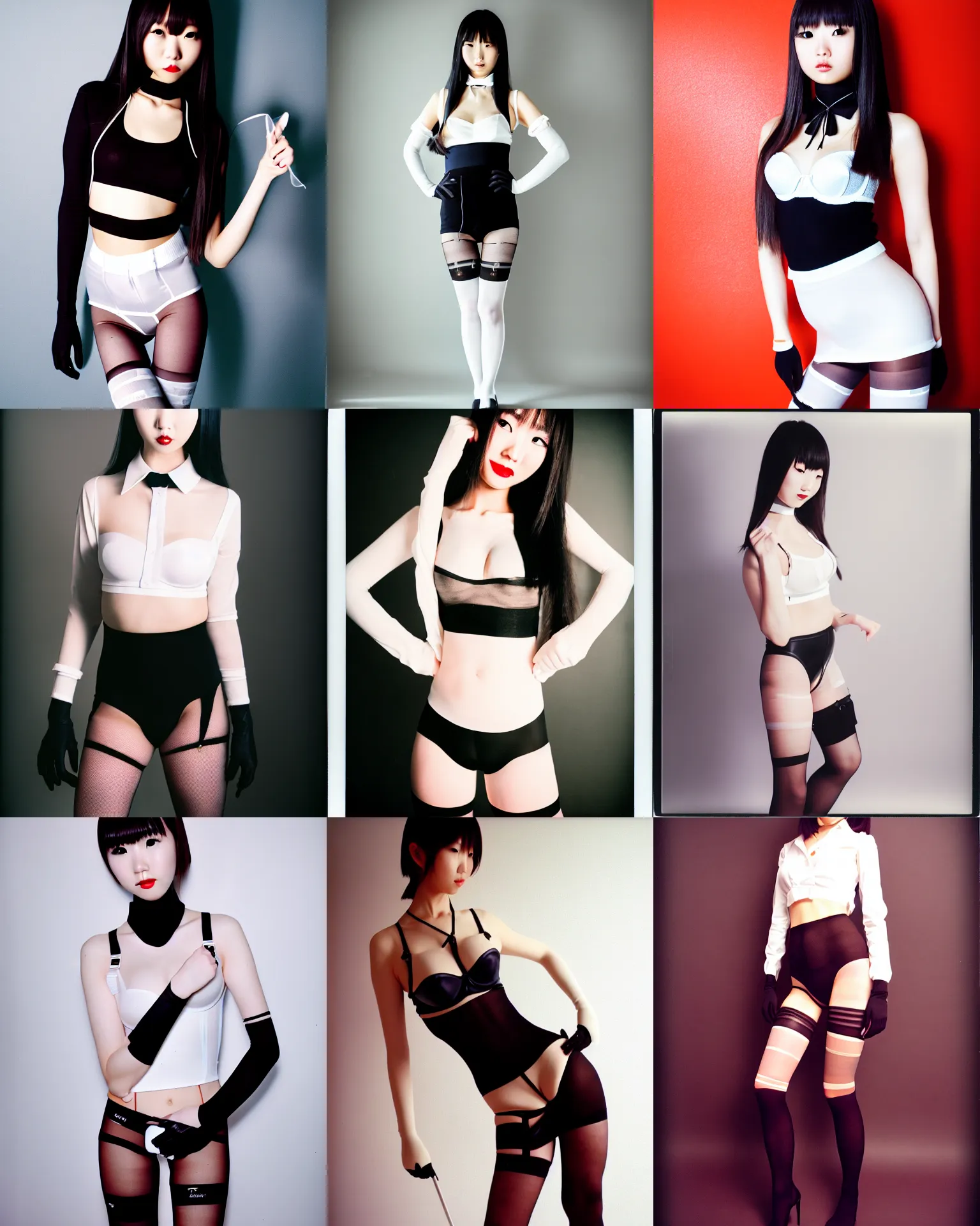 Prompt: Worksafe. 8K HD professional studio photo of a young beautiful gorgeous cute Japanese woman posing at white room, wearing bra, shirt, miniskirt, pantyhose tights, gloves, choker. At Behance and Instagram, with filters, taken with polaroid kodak portra