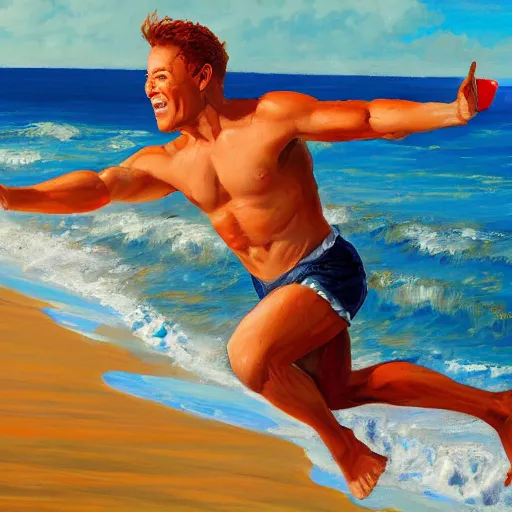 Image similar to a running man on the beach, happy, painted by jean charles blais, Mambo Graphics, oil pant, bruskstrokes, color, ultra detailed, 8k