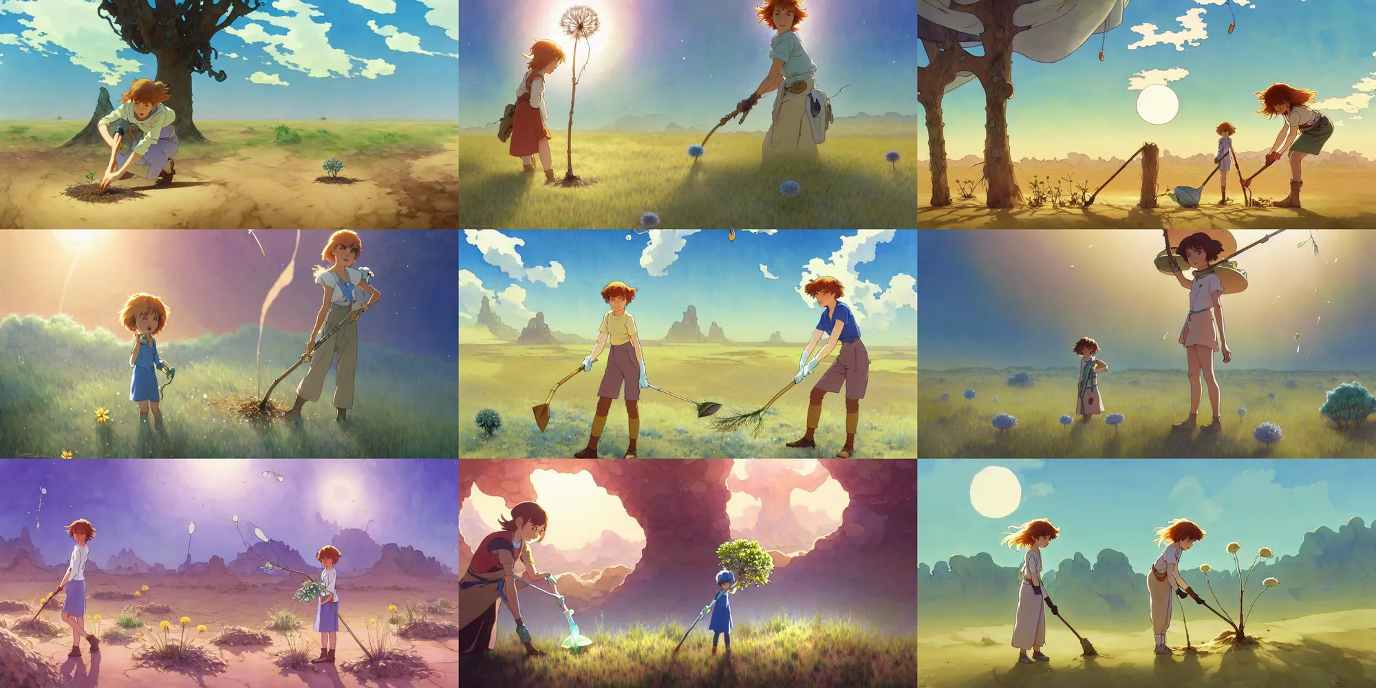 Prompt: a wholesome animation key shot of nausicaa planting trees alone in the desert by herself, studio ghibli, pixar and disney animation, sharp, disney concept art watercolor illustration by mandy jurgens and alphonse mucha and alena aenami, pastel color palette, dandelion seeds float, bloom, dramatic lighting