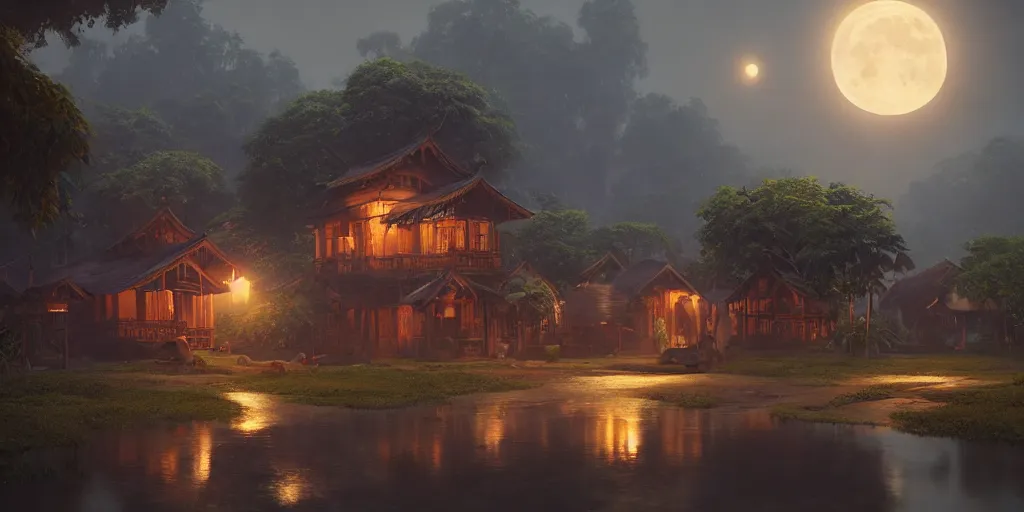 Image similar to moonlit kerala village, sharp focus, wide shot, trending on ArtStation, masterpiece, by Greg Rutkowski, by Ross Tran, by Fenghua Zhong, octane, soft render, ultrarealistic, colorful, cinematic, horizon forbidden west